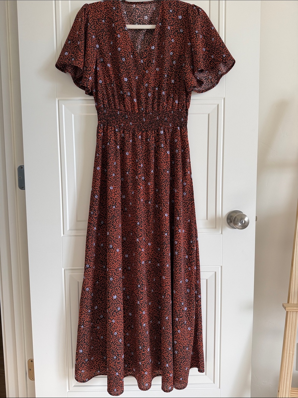 Rust Floral Maxi Dress with Smocked Waist